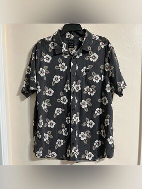RVCA Charcoal Grey Short Sleeve Floral Button-Down Collared Shirt Casual Dress